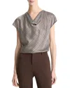 Vince Pressed Plaid Cowl Neck Silk Top In Brown