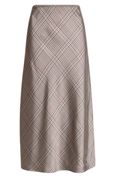 Vince Pressed Plaid Satin Slip Skirt In Brown