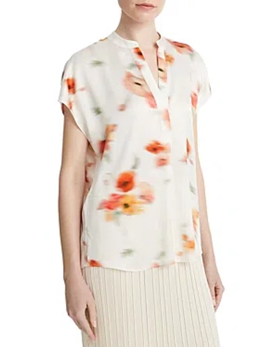 Vince Printed Split Neck Silk Top In Cream Dusk