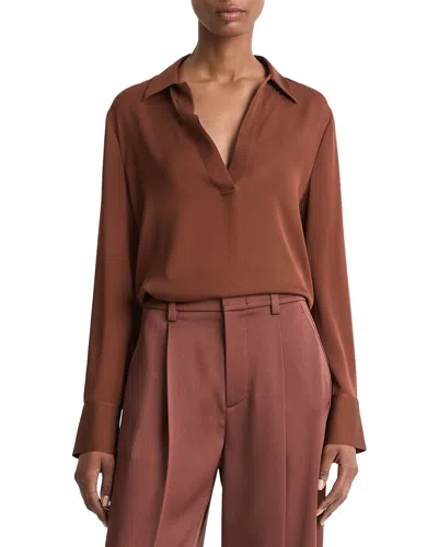 Vince Pullover Silk-blend Polo Shirt In Brown