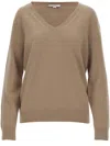 Vince Pure Cashmere Pullover With V-neck And Ribbed Edges In Brown