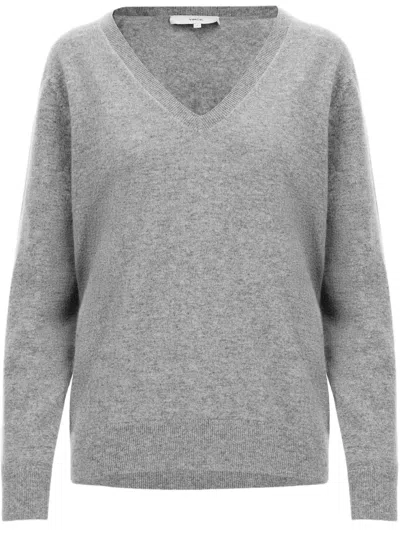 Vince Pure Cashmere V-neck Sweater With Ribbed Cuffs In Gray