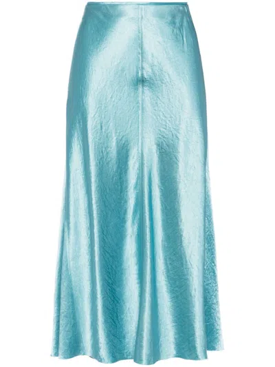 Vince Raw-edge Satin Midi Skirt In Blue