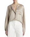 Vince Raw-edge Button-front Silk Blouse In Brown