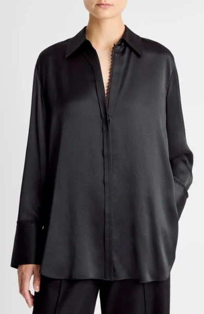 Vince Relaxed Lace Trim Placket Silk Satin Button-up Shirt In Black