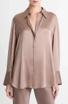 Vince Relaxed Lace Trim Placket Silk Satin Button-up Shirt In Neutral