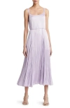 VINCE RELAXED PLISSÉ SATIN MIDI SLIPDRESS