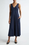 Vince Relaxed Sleeveless Linen Blend Midi Dress In Coastal Blue