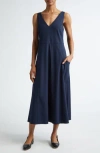 Vince Relaxed Sleeveless Linen Blend Midi Dress In Coastal Blue