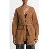 Vince Leather Belt Ribbed Cardigan Sweater In Almond