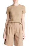 Vince Ribbed Short-sleeve Crewneck Top In Cocoon