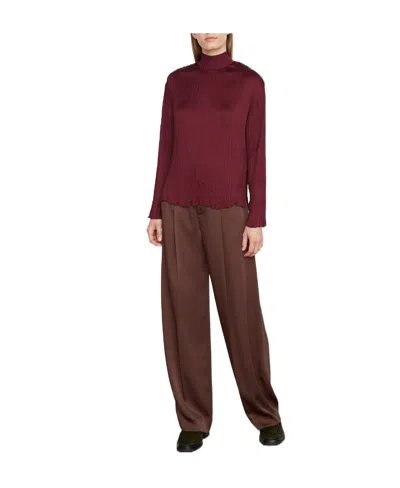 Vince Rib High Neckline Broken Satin Long-sleeved Blouse In Red