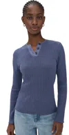 Vince Rib-knit Long-sleeve Henley Top In Dark Periwinkle