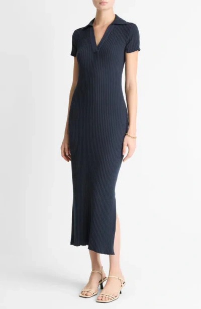 Vince Rib Polo Midi Dress In Blue