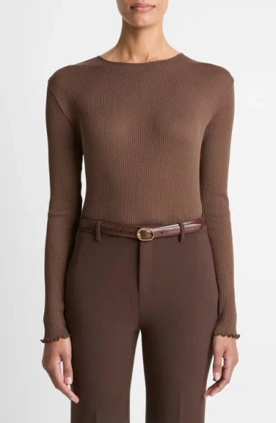 Vince Rib Ruffle Edge Pima Cotton Crewneck Top In Brown