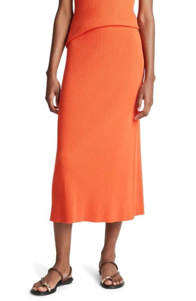Vince Ribbed Knit Midi Skirt In Orange
