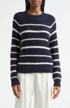 Vince Rib Stripe Crewneck Sweater In Navy/pampas