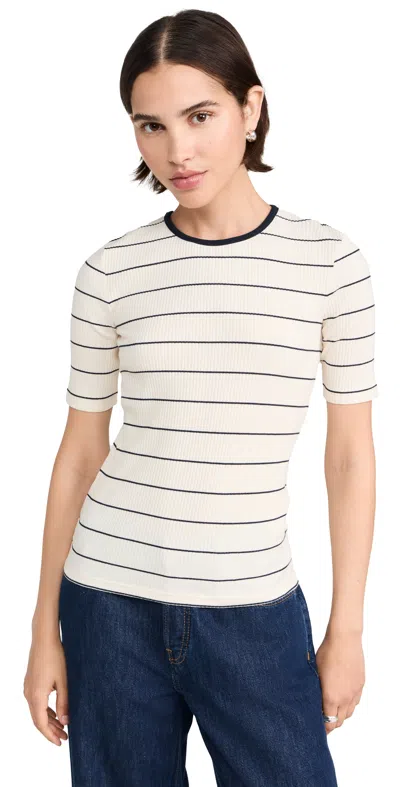 Vince Rib Stripe Elbow Sleeve Crew Tee Flaxen/deep Lake