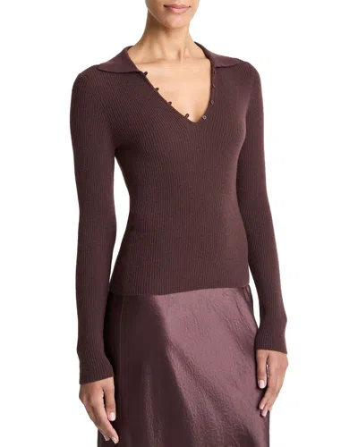 Vince Ribbed Button Loop Cashmere & Silk-blend Polo Shirt In Brown