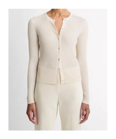 Vince Ribbed Buttoned Cardigan In Neutral