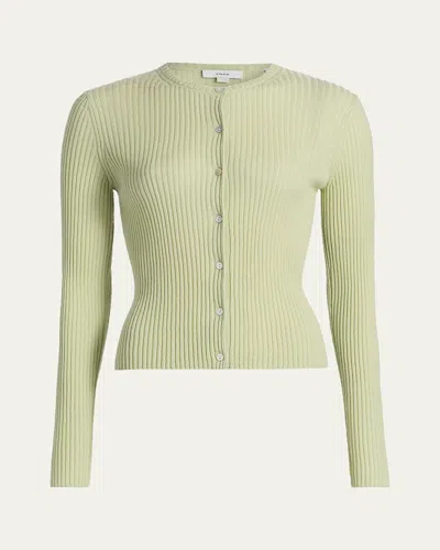 Vince Ribbed Cashmere And Silk Fitted Cardigan In Green