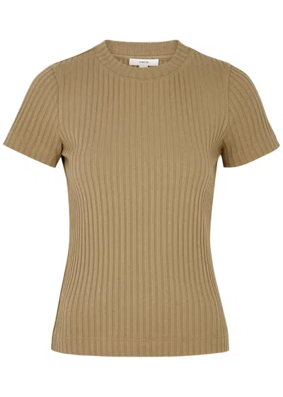 Vince Ribbed Cotton-blend T-shirt In Tan