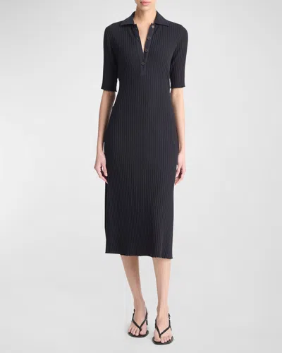 Vince Ribbed Elbow-sleeve Polo Midi Dress In Coastal