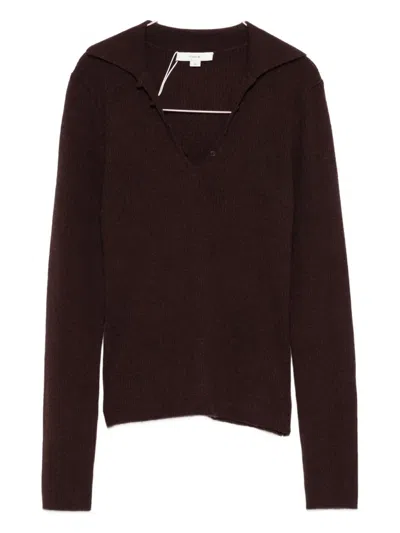 Vince Ribbed-knit Polo Top In Burgundy