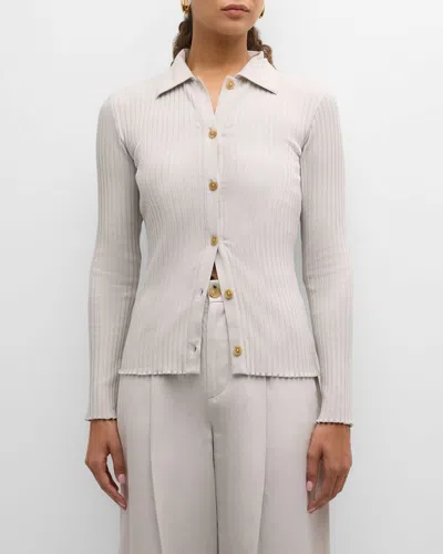 Vince Ribbed Long-sleeve Button-front Polo Shirt In Salt Glass