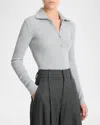 Vince Ribbed Cotton Long-sleeve Polo Shirt In Heather Mid Grey In H Mid Grey