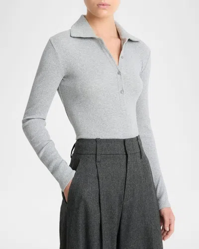 Vince Ribbed Cotton Long-sleeve Polo Shirt In Heather Mid Grey