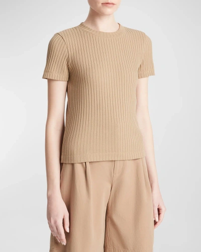 Vince Ribbed Short-sleeve Crewneck Top In Cocoon