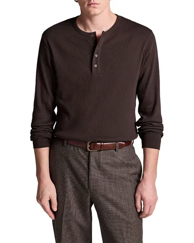 Vince Ribbed Stretch Cotton Henley Shirt In Brown