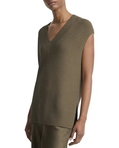 Vince Ribbed V-neck Wool & Cashmere-blend Vest In Green