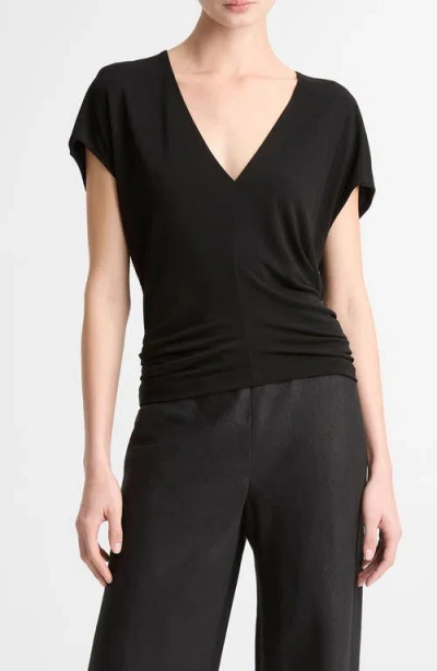 Vince Crepe Flutter-sleeve V-neck Top In Black