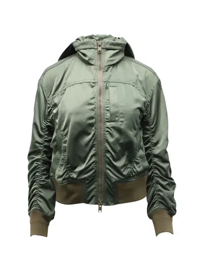 Pre-owned Vince Ruched Hooded Bomber Jacket In Green