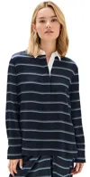 Vince Long-sleeve Stripe Silk Rugby Shirt In Coastal/slate