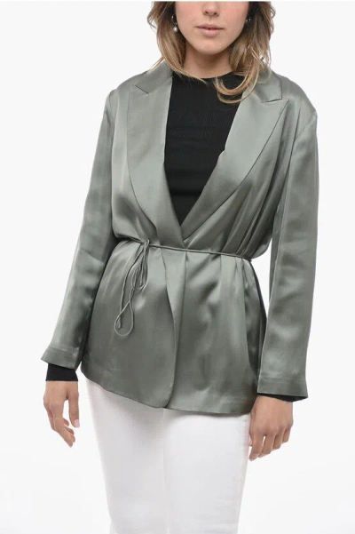 Vince Belted Satin-twill Blazer In Deep Aegean