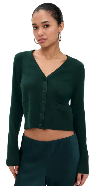 Vince Satin Button Placket V Neck Cardigan Juniper In Green