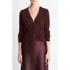 Vince Satin Button Wool & Cashmere Blend V-neck Cardigan In Burgundy