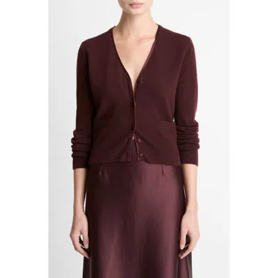 Vince Satin Button Wool & Cashmere Blend V-neck Cardigan In Burgundy