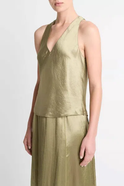 Vince Satin Crossover V-neck Tank In Earthly In Green
