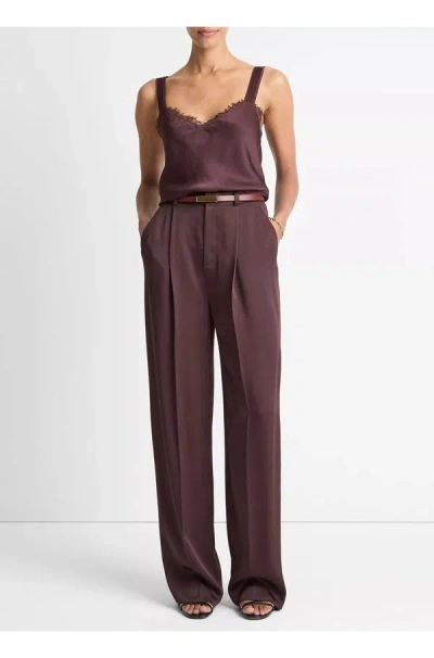 Vince Satin Mid Rise Wide Leg Pleated Trouser In Dark Fig In Purple