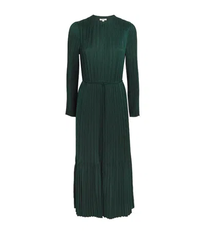 Vince Satin Belted Pleated Midi Dress In Green