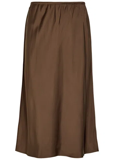 Vince Satin Slip Midi Skirt In Brown