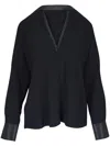 Vince Leather Trim Dolman Slv Blouse In 黑色