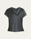 Vince Satin V-neck Blouse In Gray