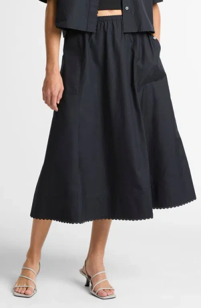 Vince Scallop Hem A-line Cotton Midi Skirt In Black