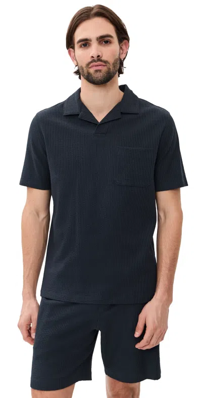 Vince Seersucker Knit Short Sleeve Johnny Collar Coastal In Blue