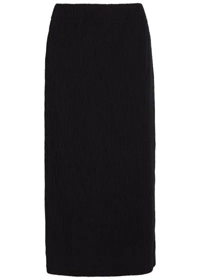 Vince Shadow Draped Textured Fine-knit Midi Skirt In Black